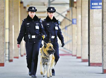 吕聪聪和张靖兰在警犬的配合下查危巡查